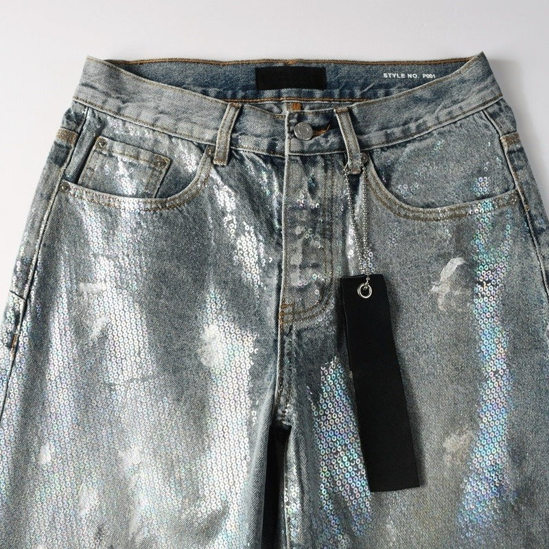 Purple brand Jeans High-quality pure cotton streetwear trousers Oil-finish loose straight-leg trousers