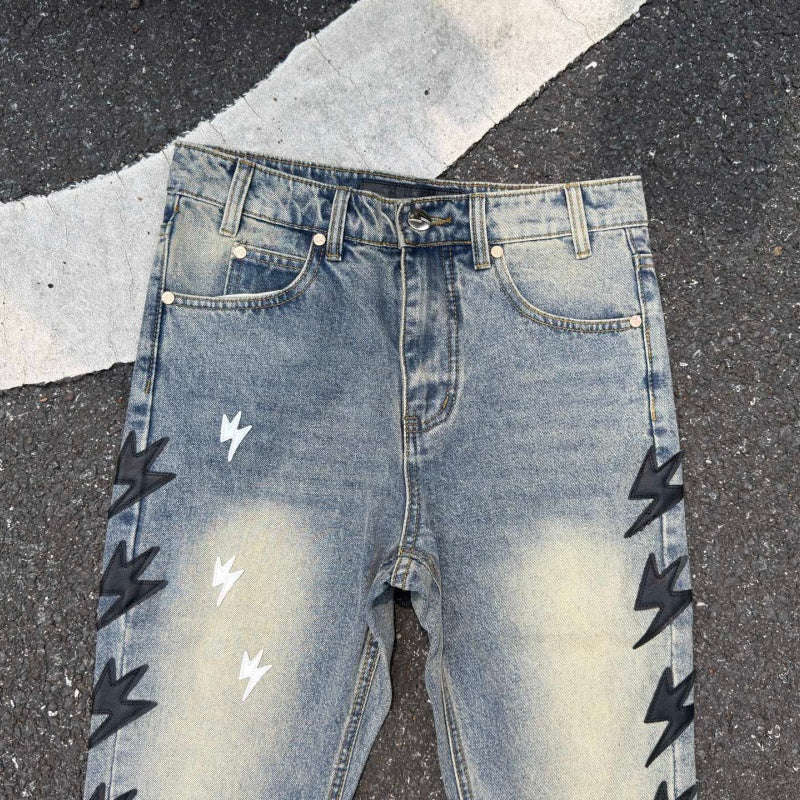 Lightning Pattern Jeans High-quality high-street pure cotton trousers