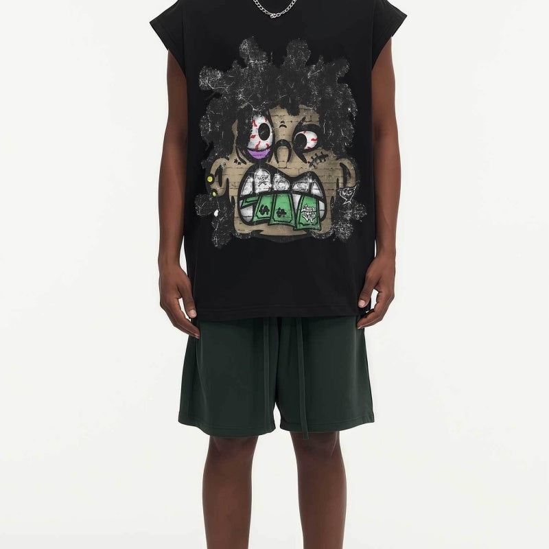 BIG FACE Drop-Shoulder Tank Top High-street vintage style featuring a small neckline, white-ink digital direct-to-garment (DTG) printing, and a heavy-duty, distressed wash finish; crafted from 260g double-yarn plain-knit fabric.
