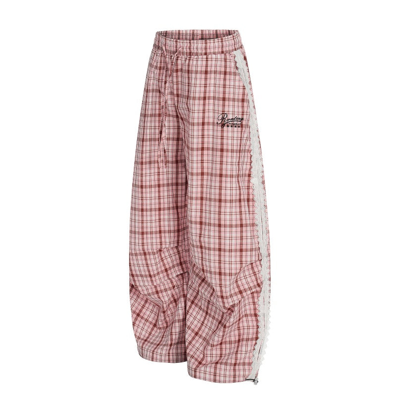 American-style streetwear harem pants Plaid Fringe Trim Ruched Curved Bottoms