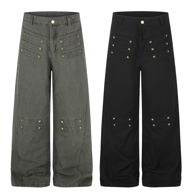 American-style streetwear harem pants Vintage Rivet Stitch Detail Baggy Denim
