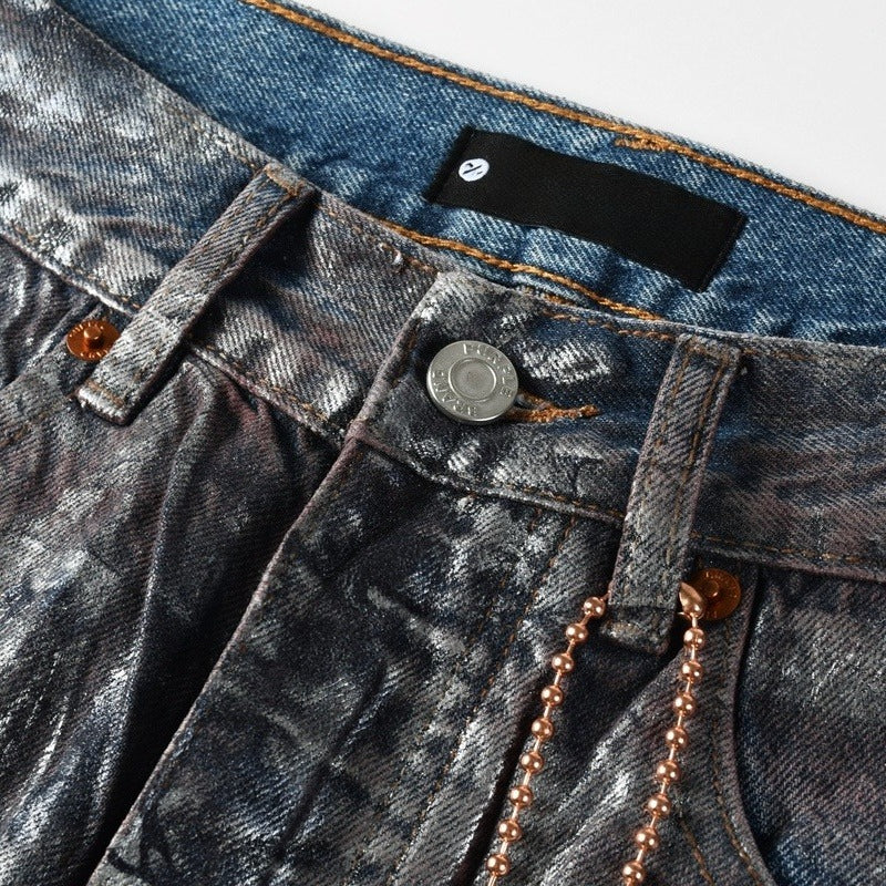 Purple brand Jeans High-quality pure cotton streetwear trousers Oil-finish loose straight-leg trousers