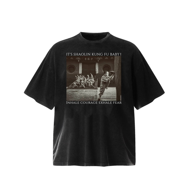 Unisex Vintage T Shirts "Inhale courage, exhale fear" — featuring Shaolin Kung Fu elements and a heavy-duty washed, distressed finish.