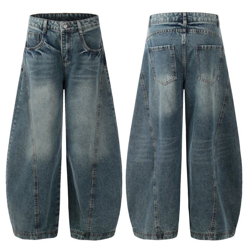 American-style streetwear harem pants Vintage heavy wash curved denim cut