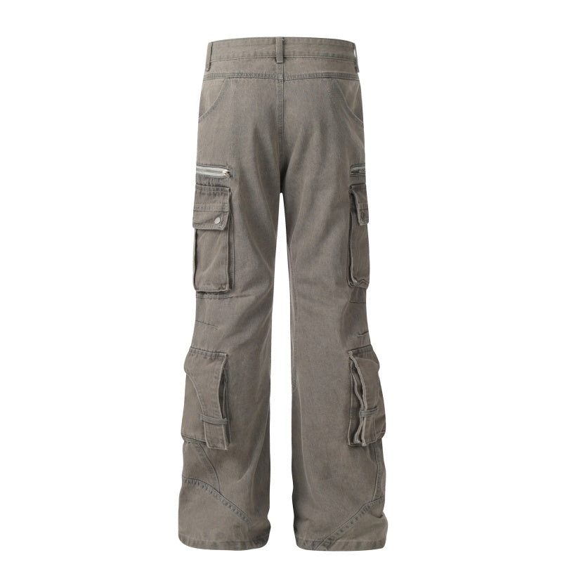 American-style streetwear harem pants Loose Fit Multi Pocket Flared Cargo Jeans, Streetwear Washed Trousers
