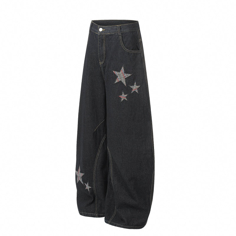 American-style streetwear harem pants Multi Star Patchwork Relaxed Barrel Silhouette Denims