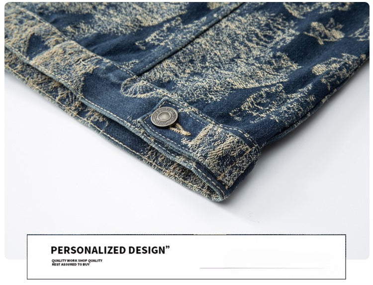 Denim Jacket & Jeans High-Street Trend Men's Vintage Toile de Jouy Scenic Print Denim Jacket and Jeans Set  Retro Casual Matching Artistic Landscape Graphic Trucker Jacket and Pants Outfit (jacket and jeans must be purchased separately.)
