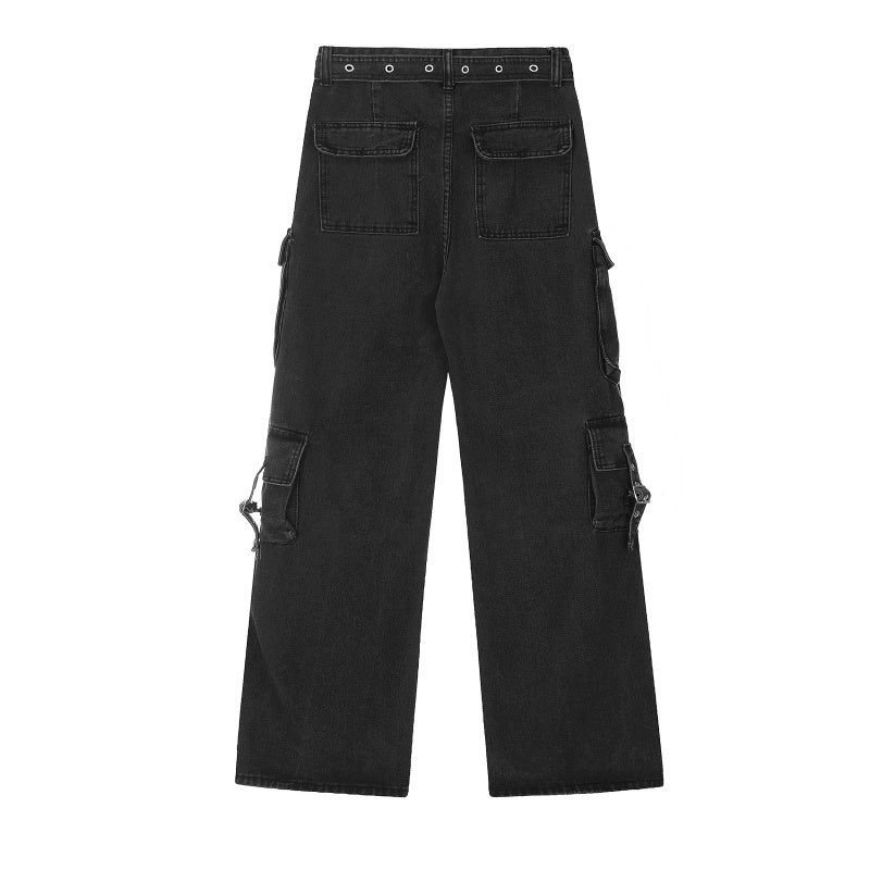 American-style streetwear harem pants Multiple Flap Pockets Streetwear Wide Denim