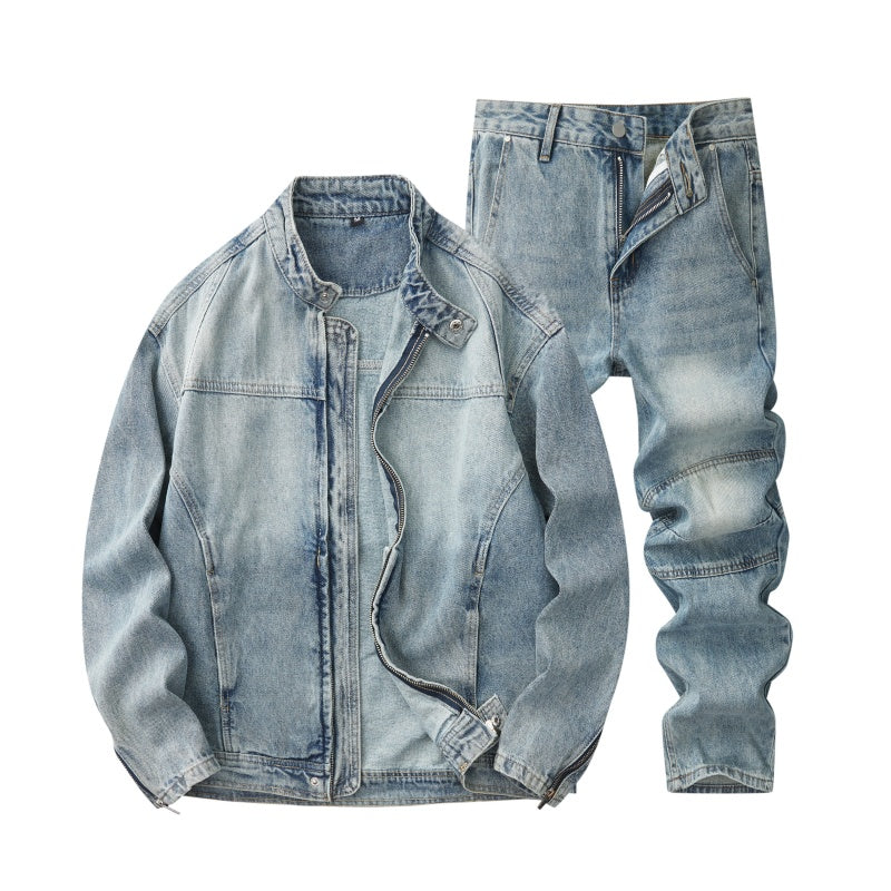 Denim Jacket & Jeans High-Street Trend Mens Y2K Streetwear Jacket Vintage Light Blue Washed Moto Biker Zip Front Casual Denim Outerwear (jacket and jeans must be purchased separately.)