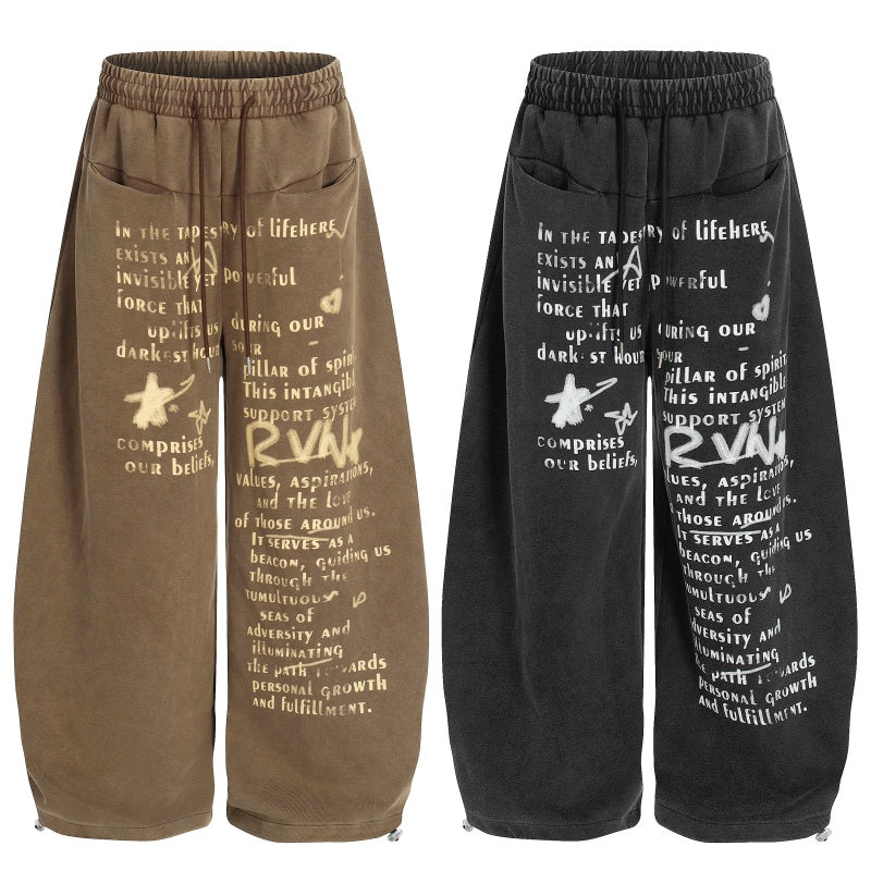 American-style streetwear harem pants Distressed Poem Graphic Baggy Drawstring Bottoms