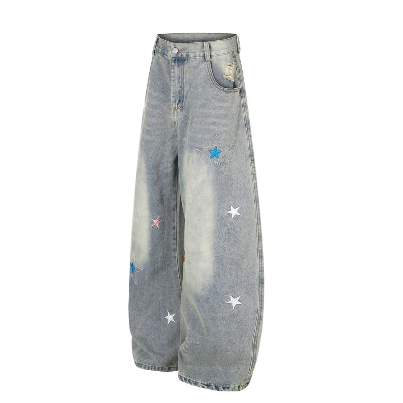 American-style streetwear harem pants Light Wash Star Embroidery Loose Barrel Cut Denim
