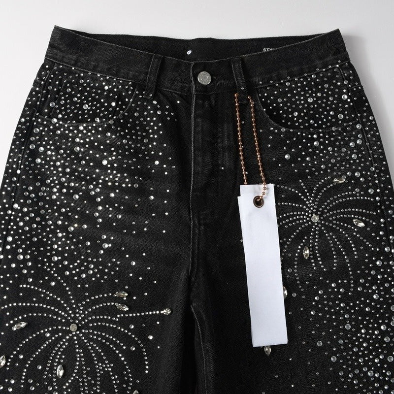 Purple brand Jeans High-quality pure cotton streetwear trousers Rhinestone-embellished loose straight-leg trousers