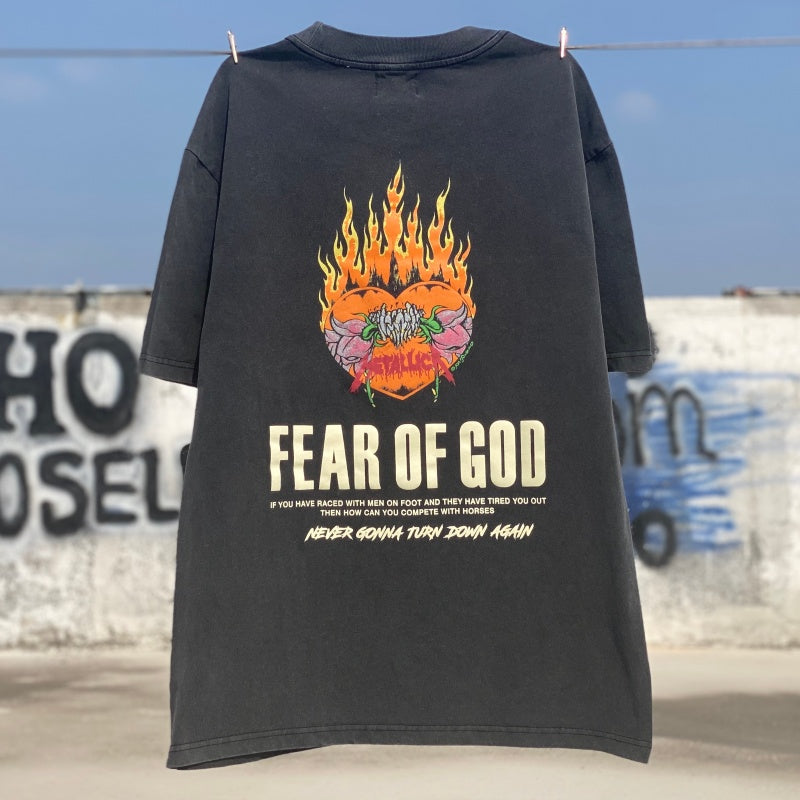 Unisex Vintage T Shirts "Metallica Flower Skull" — a limited-edition, one-of-a-kind (1-of-1) piece featuring a Fear of God-style graphic, printed on a heavyweight, vintage-washed base garment.