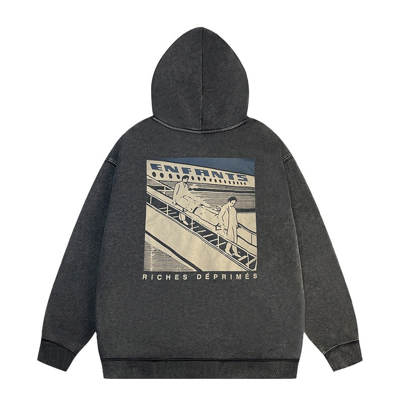 ERD Hoodie Washed Dark Hooded Layer Front Pocket Mini Scene Print Back Large Urban Illustration