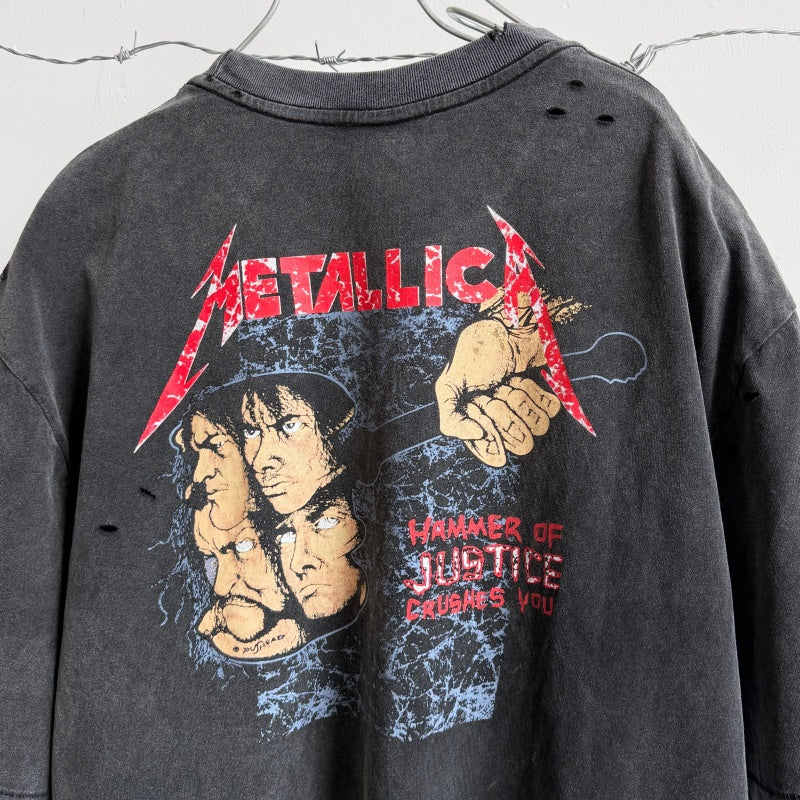 Unisex Vintage T Shirts Saint × BerBerJin × Metallica three-way collaboration washed short-sleeve tee. Features vintage single-stitch construction, heavy enzyme-wash finish, and distressed "cut-and-tear" detailing across multiple areas.