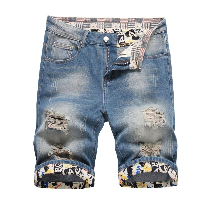 Denim shorts High-quality trendy Distressed with holes casual pure cotton Non-stretch plus-size men's clothing