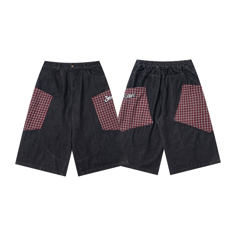 Street-style vintage Cropped trousers Retro Harajuku Style Wide-Leg Plaid Shorts with Cute Character Embroidery