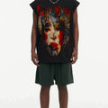 BIG FACE Drop-Shoulder Tank Top High-street vintage style featuring a small neckline, white-ink digital direct-to-garment (DTG) printing, and a heavy-duty, distressed wash finish; crafted from 260g double-yarn plain-knit fabric.