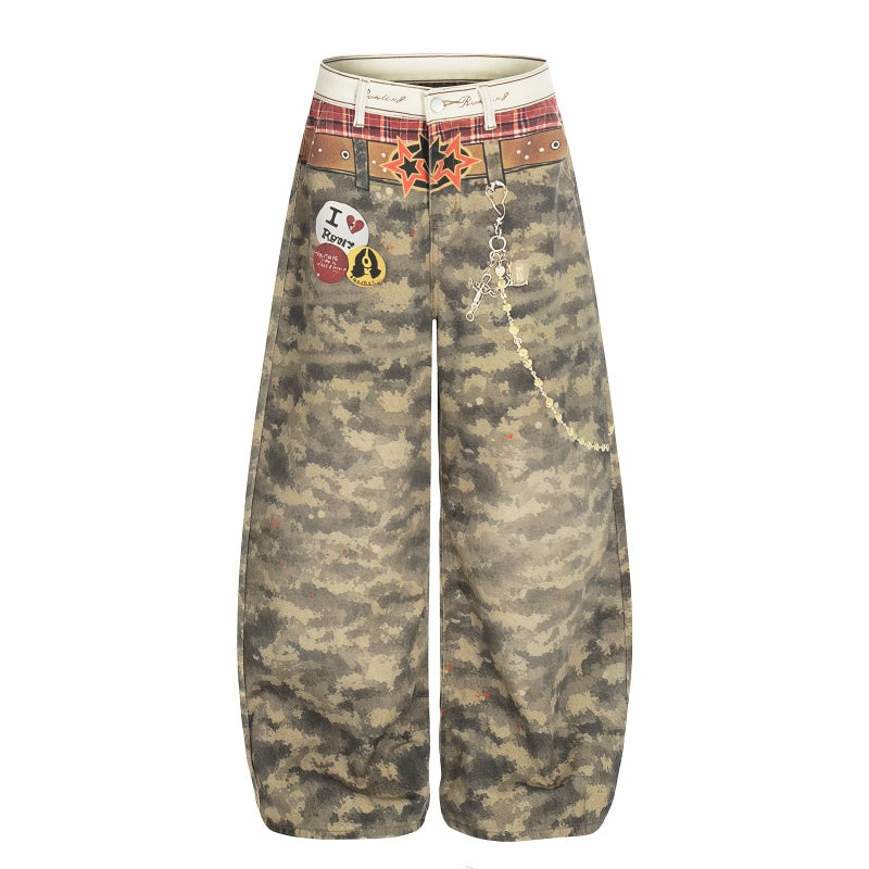 American-style streetwear harem pants Camo Patch Chain Accent Barrel Trousers