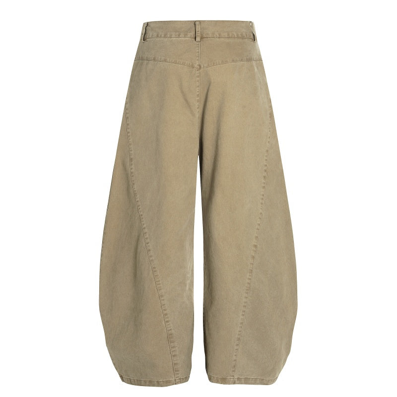 American-style streetwear harem pants Retro Khaki & Olive Script Embroidered Relaxed Bottoms