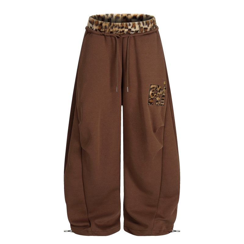 American-style streetwear harem pants Grunge Leopard Patch Draped Wide Sweat Bottoms