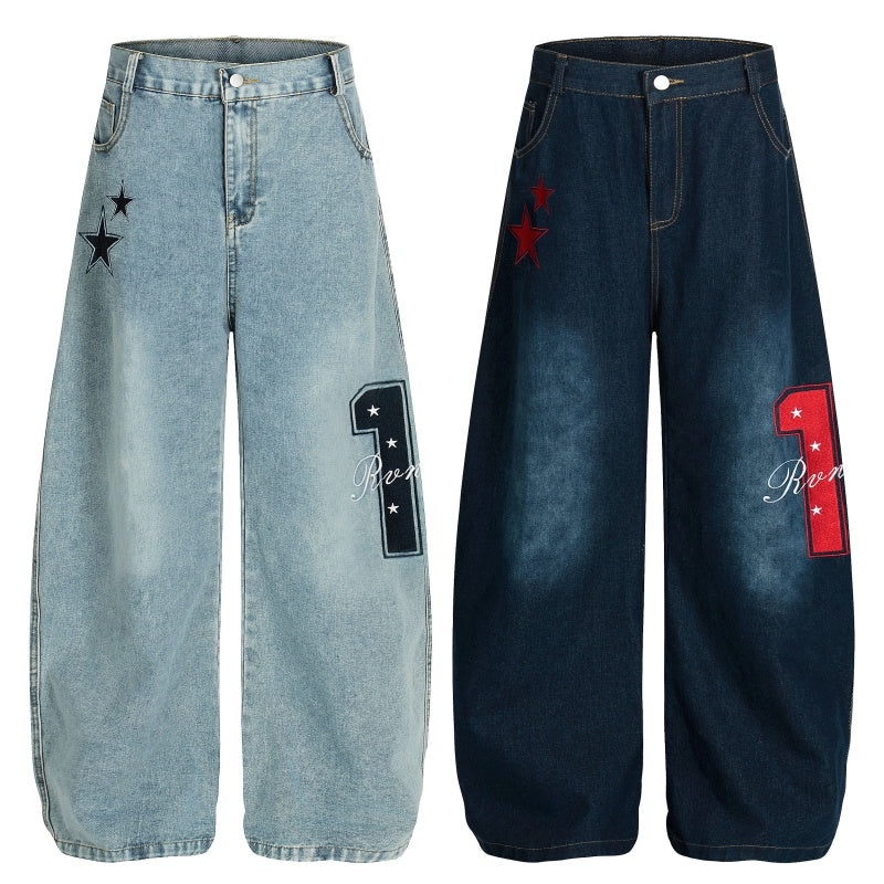 American-style streetwear harem pants Washed Star Embroidered Number Denim
