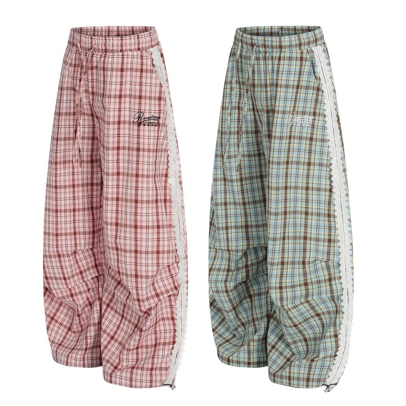 American-style streetwear harem pants Plaid Fringe Trim Ruched Curved Bottoms