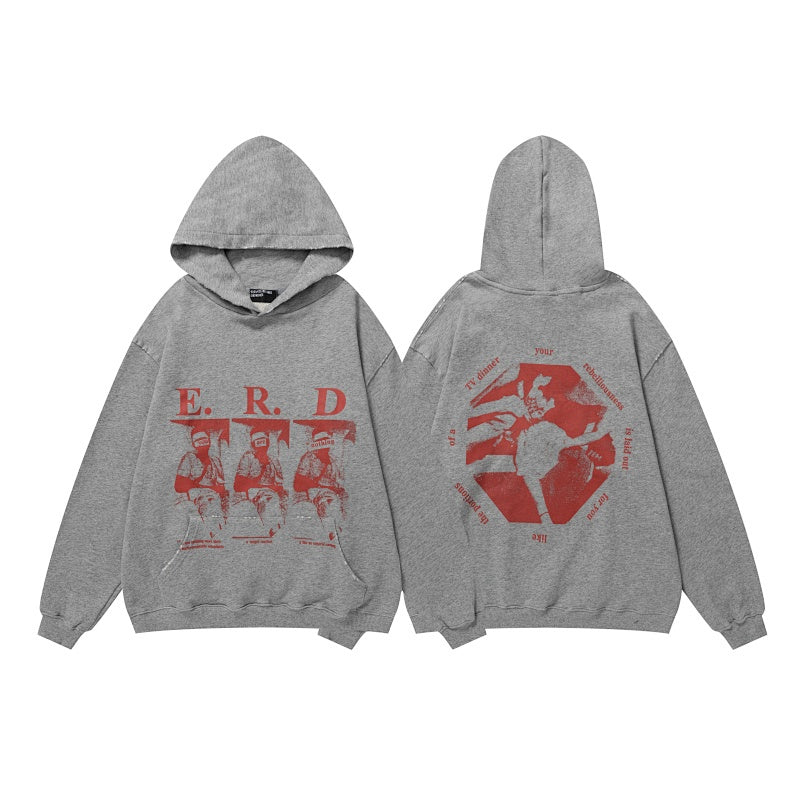 ERD Hoodie Grey Faded Red Dual-Side Figure Print Oversized Pullover