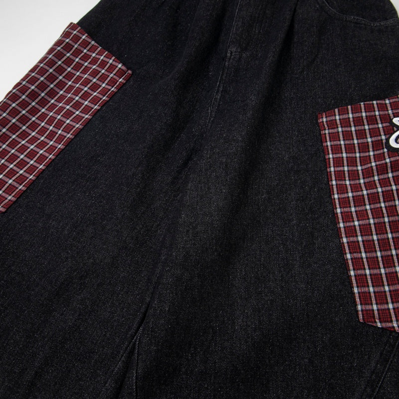 Street-style vintage Cropped trousers Retro Harajuku Style Wide-Leg Plaid Shorts with Cute Character Embroidery
