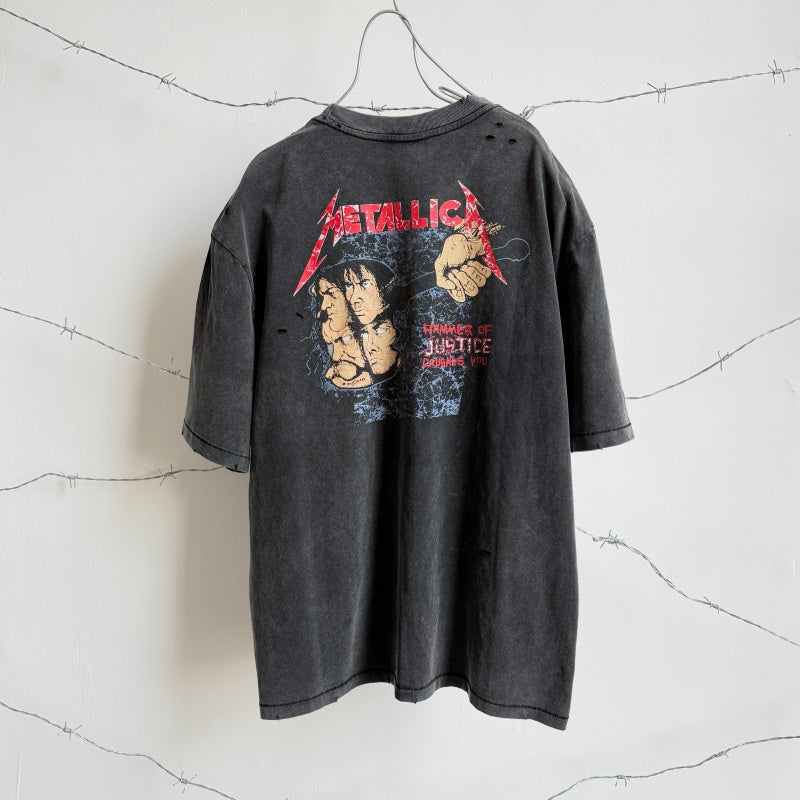 Unisex Vintage T Shirts Saint × BerBerJin × Metallica three-way collaboration washed short-sleeve tee. Features vintage single-stitch construction, heavy enzyme-wash finish, and distressed "cut-and-tear" detailing across multiple areas.