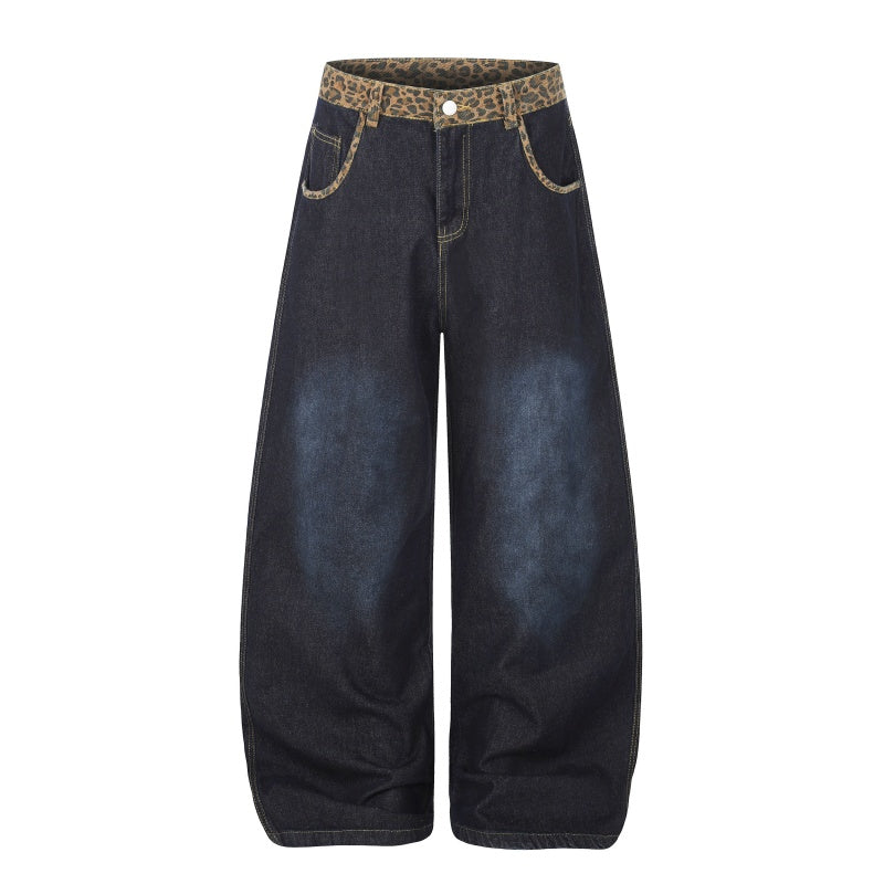 American-style streetwear harem pants Faded Leopard Waistband Relaxed Barrel Denim