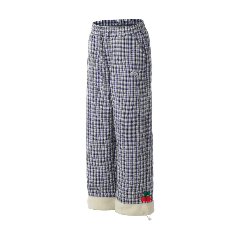 American-style streetwear harem pants Blue Check Plush Lined Cherry Decor Wide Cotton-padded trousers