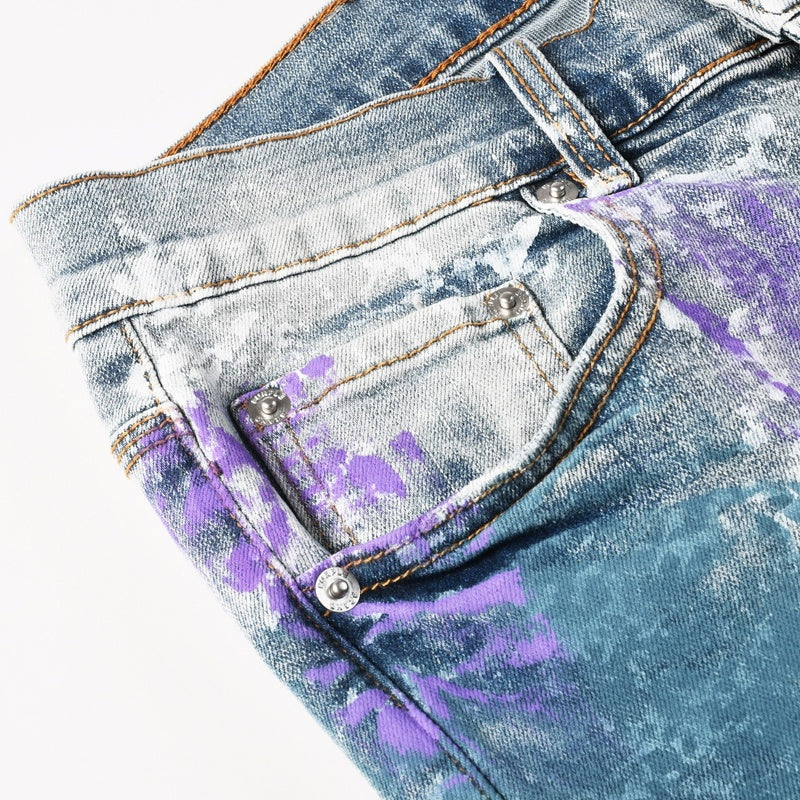 Purple brand Jeans High-quality pure cotton streetwear trousers Glossy ink-splatter finish