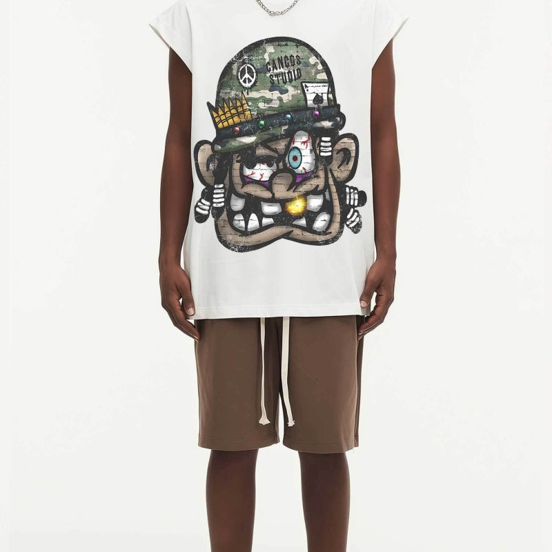 BIG FACE Drop-Shoulder Tank Top High-street vintage style featuring a small neckline, white-ink digital direct-to-garment (DTG) printing, and a heavy-duty, distressed wash finish; crafted from 260g double-yarn plain-knit fabric.