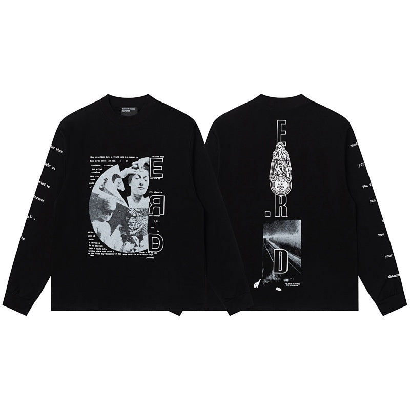 ERD Long sleeved shirt  Multi-Position Distressed Print Circular Portrait & Vertical Letter Motif