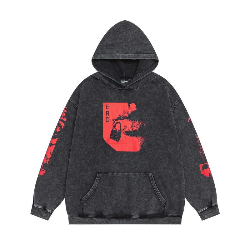 ERD Hoodie Stone Washed Dark Layer Front Red Geometric Figure Print Sleeve & Back Vertical Text Graphics