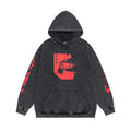ERD Hoodie Stone Washed Dark Layer Front Red Geometric Figure Print Sleeve & Back Vertical Text Graphics
