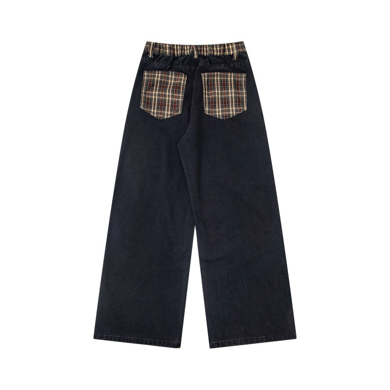 Street-style vintage jeans Retro Casual Loose-Fit Straight-Leg Trousers with Cute Cat Graphic and Contrast Waistband