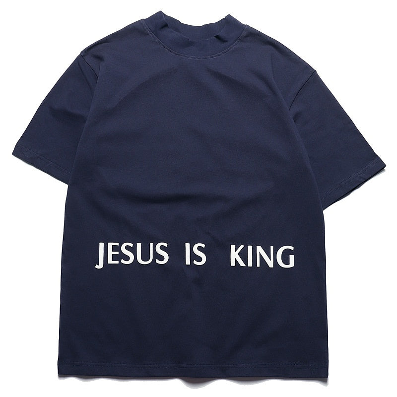 Mens T-shirt Vintage American-style Kanye-style oversized high-neck hip-hop tee featuring "Three Gods" puff print.