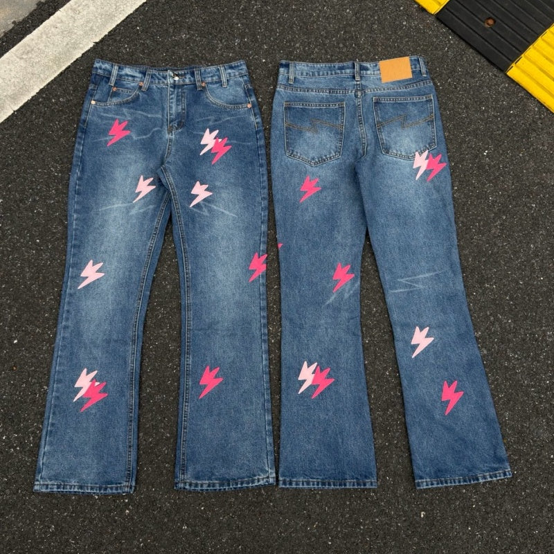Lightning Pattern Jeans High-quality high-street pure cotton trousers