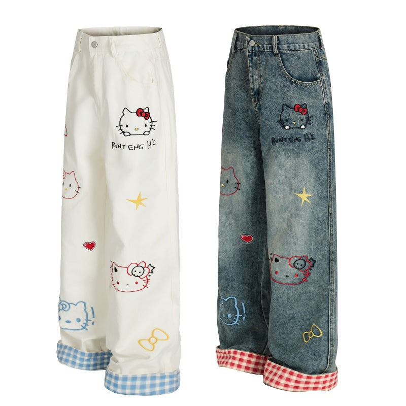 American-style streetwear harem pants Cute Cartoon Cat Stitched Roll Hem Denim