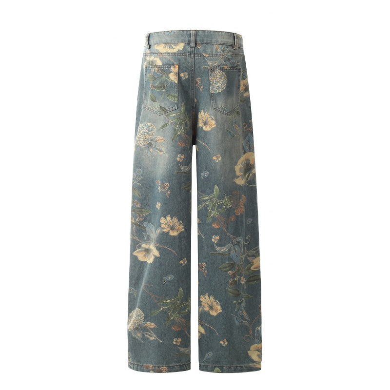 American-style streetwear harem pants Bohemian Floral Print Relaxed Fit Denim, Faded Retro Flower Trousers