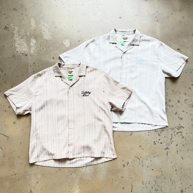 Unisex Vintage T Shirts GALLERY DEPT. 26SS American vintage-style, loose-fitting short-sleeve shirt featuring a Cuban collar and a "dapper old-money" aesthetic. Crafted from a custom linen-blend fabric with a vertical-stripe jacquard weave; breathabl