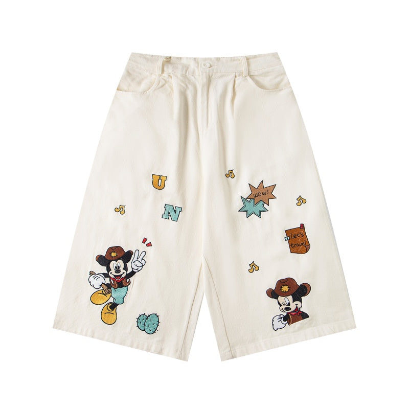 Street-style vintage Cropped trousers Retro Casual Hip Hop Patchwork Denim Jorts with Cute Character Embroidery