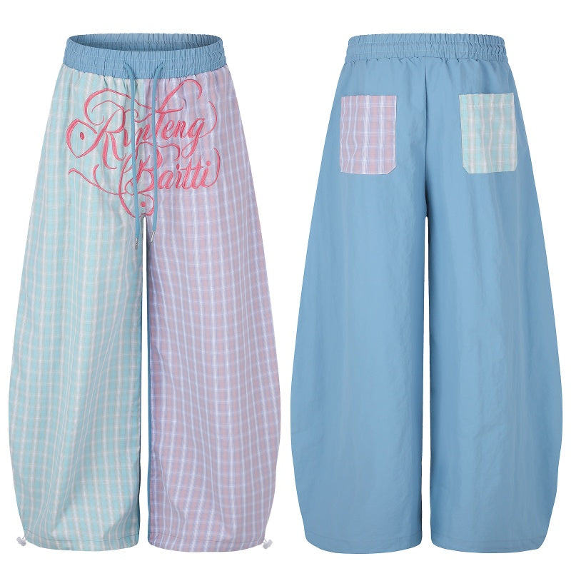 American-style streetwear harem pants Pastel Plaid Contrast Pocket Two-Sided Pants
