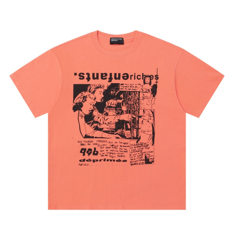 ERD T Shirts Bright Orange Distorted Text Vintage Sketch Collage Top