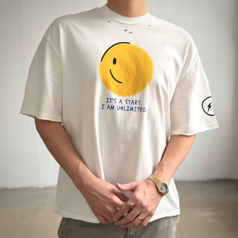 Unisex Vintage T Shirts Saint x Hiroshi Fujiwara "IT'S A START" Limited Collaboration — Authentic-spec 320g heavyweight fabric (retaining weight after washing); vintage single-stitch and blind-stitch construction; garment-dyed with enzyme-abrasion wa