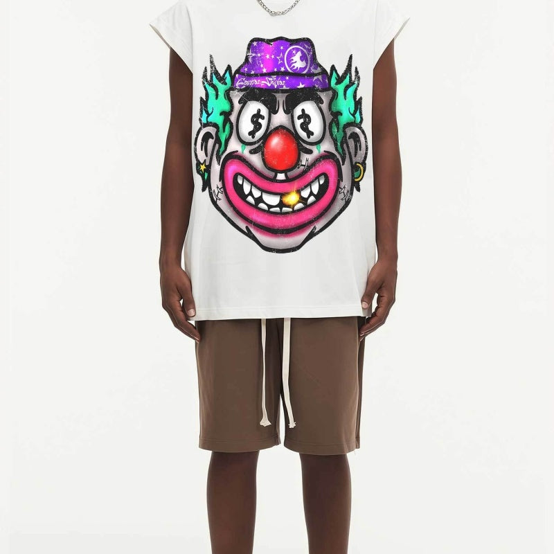 BIG FACE Drop-Shoulder Tank Top High-street vintage style featuring a small neckline, white-ink digital direct-to-garment (DTG) printing, and a heavy-duty, distressed wash finish; crafted from 260g double-yarn plain-knit fabric.