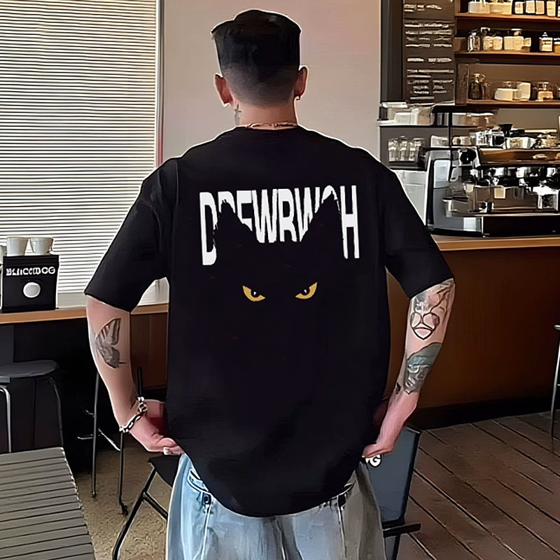 Mens T-shirt Vintage American-style Black cat print