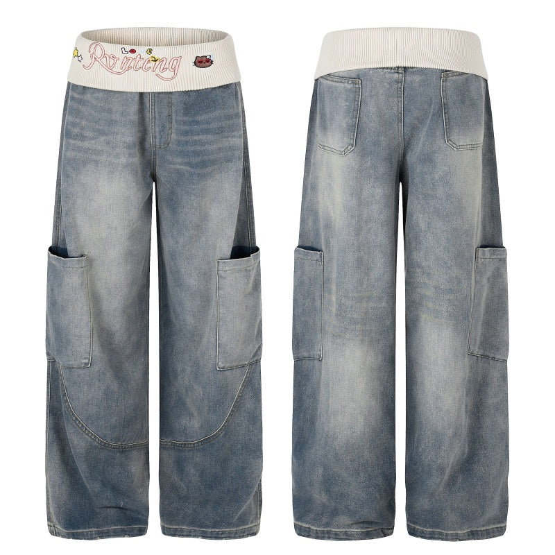 American-style streetwear harem pants Faded Wash Contrast Rib Waist Cargo Curved Bottoms